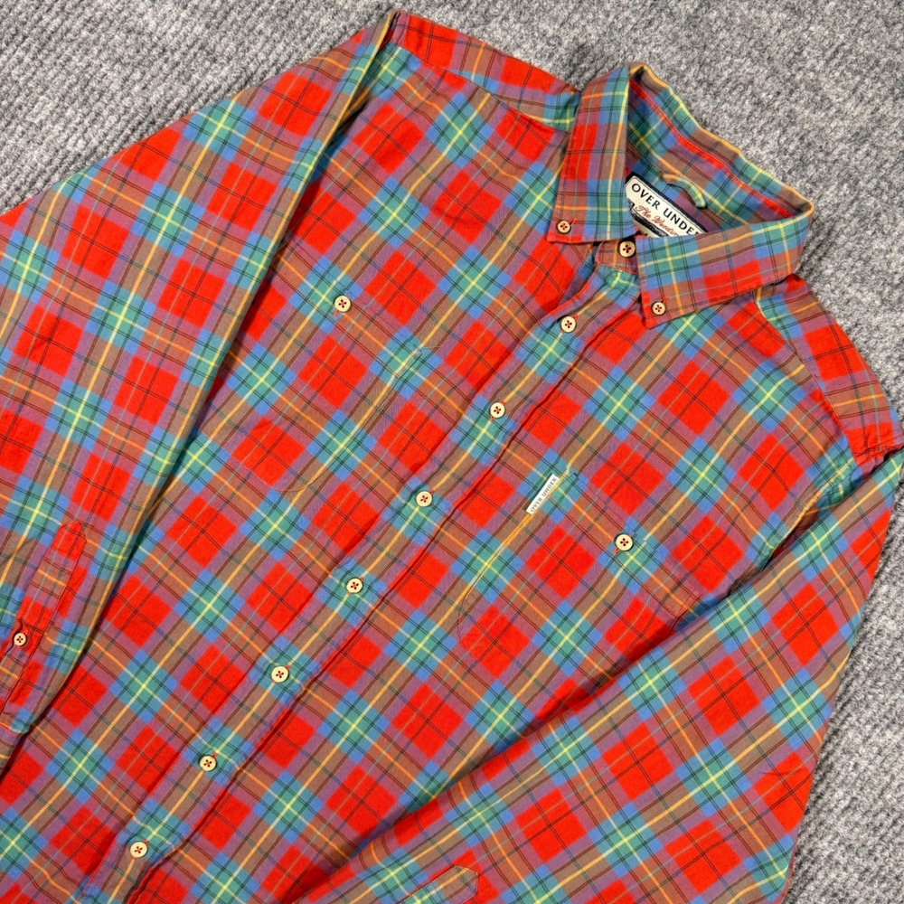 Over Under The Woodsman Mens Large Plaid Button Down Shirt Red Blue USA Made